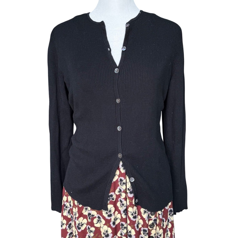 Black Ribbed Cotton Cardigan Sweater Medium 90s y2k Practical Magic Witchy